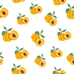 Seamless pattern with apricots. Vector illustration of fruit in flat style. Cute minimalistic pattern. For textiles and packaging. White isolated background.