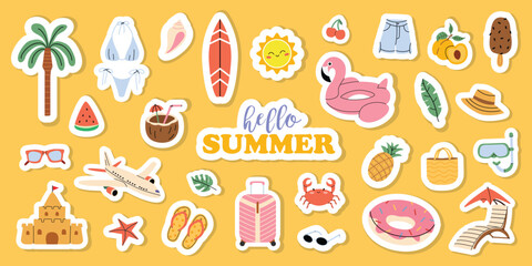 Cute set summer stickers. Cartoon icons elements for summer vacation, holiday at tropical resort. 
Hello summer. Hand drawn style. Orange isolated background.