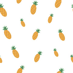 Seamless pattern with pineapple. Summer. Vector illustration of fruit in flat style. Cute minimalistic pattern. For textiles and packaging. White isolated background.