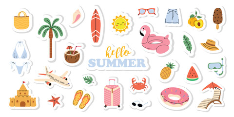 Set of summer holiday stickers. Cute summer elements for scrapbooking. Hello summer. Vacation or relaxing on beach. Flat vector collection on white isolated background.
