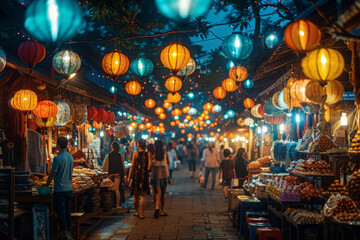 Naklejka premium Busy night market with strings of lanterns overhead and people shopping for traditional crafts and snacks.. AI generated.