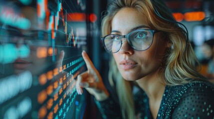 Women in business study financial markets to calculate possible risks and profits. Female economist accounts money on a computer screen. Quotes on exchanges.