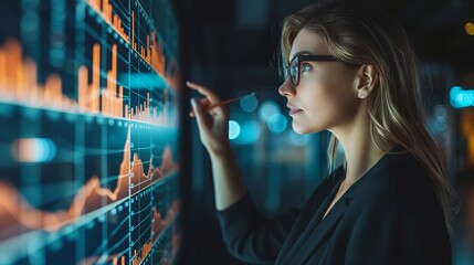 A female businesswoman studies the financial market to calculate possible risks and profits. An economist accounts money with statistics graphs on her desktop computer. She quotes exchange rates on a