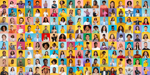 Featuring a diverse, multiracial group of smiling people, this multiethnic, international collage...