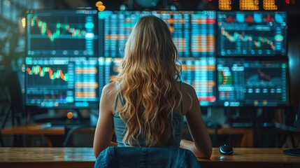 An image shows a woman financial specialist studying blockchain technology in a rear-view mirror. She sits in front of a computer and studies graphs showing statistics about the stock market. She