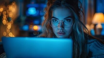 The finance worker is wearing glasses, using a laptop, and making a report to the finance firm