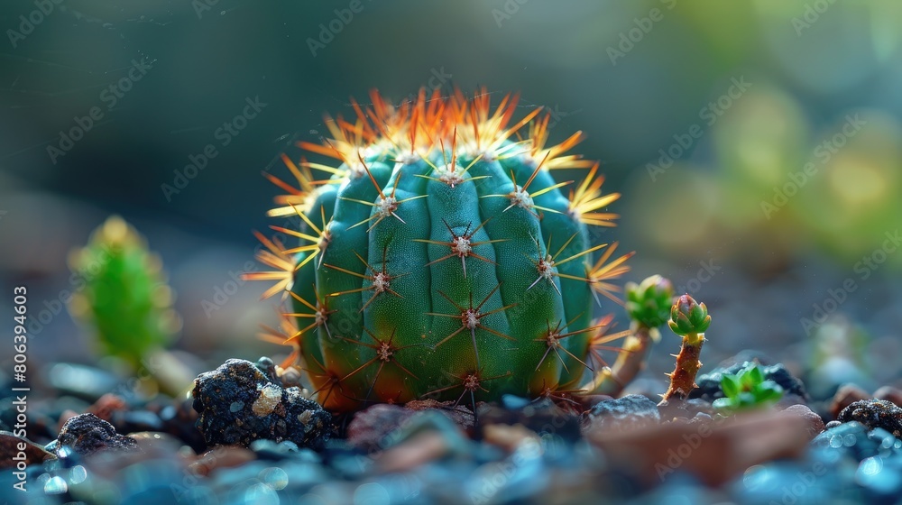 Poster a small cactus with a few spines on it is sitting on a rocky surface. the cactus is surrounded by ot