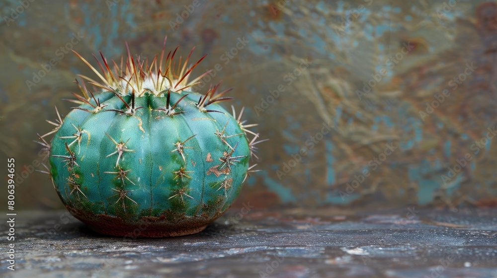 Poster a small green cactus with spines sits on a grey surface. the cactus is the main focus of the image, 