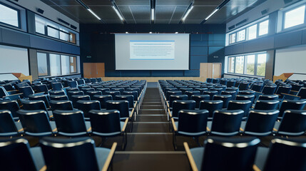 Empty Lecture Hall with Rows of Seats and Presentation Screen