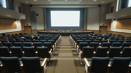 Empty Lecture Hall with Rows of Seats and Presentation Screen