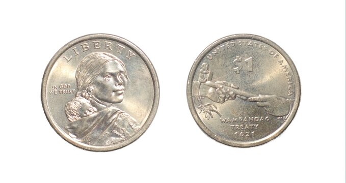 2011 Sacagawea Dollar Coin WAMPANOAG TREATY 1621 carrying her young son, Jean Baptiste. reverse side with hands of Supreme Sachem Ousamequin Massasoit and John Carver, symbolically offering peace pipe