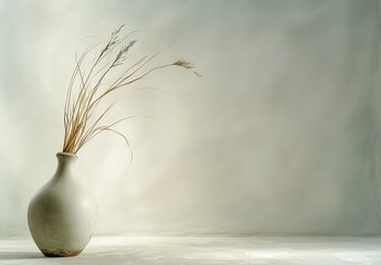 Fototapeta premium a white vase with some dry grass