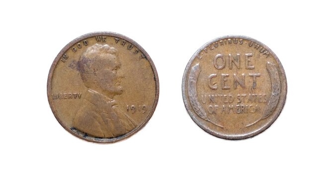 1919 Abraham Lincoln Wheat Liberty Penny, rare error no mint mark U.S. one cent currency.  United States of America E. pluribus unum. In god we trust, isolated on white background both sides