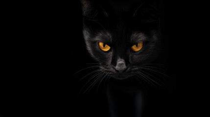 A black cat with yellow eyes is staring at the camera