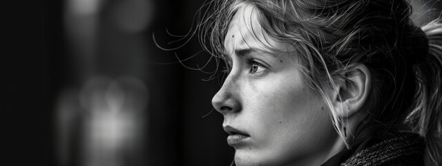 a woman with a messy ponytail looks off into the distance