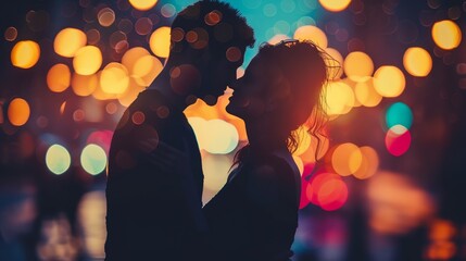 a man and a woman standing next to each other in front of a colorful background of lights and circles..