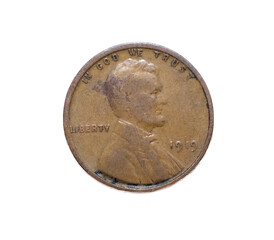 1919 Abraham Lincoln Wheat Liberty Penny, rare error no mint mark U.S. one cent currency.  United States of America E. pluribus unum. In god we trust, isolated on white background obverse front side © Chase D’Animulls