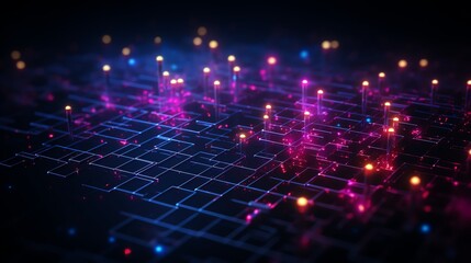 Quantum particles in neon colors on midnight blue