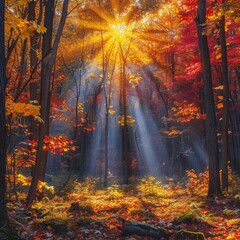 Autumn Forest Nature. Vibrant morning in the colorful forest with sun rays through the branches of the trees. Landscape of nature with sunlight 