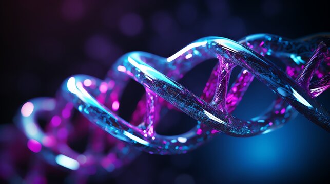 DNA helix in glowing blue on a dark purple base