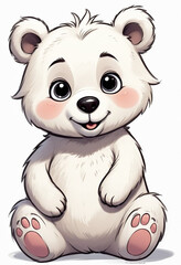 A cute and friendly cartoon bear with large eyes, a button nose, and a happy expression The bear has a fluffy, round body