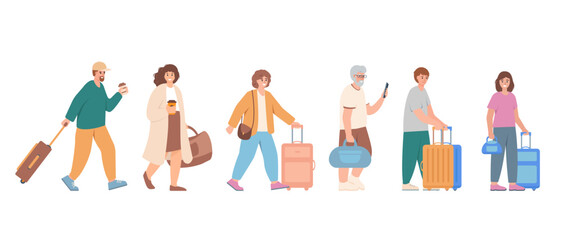 Fototapeta premium Traveling people with suitcases and bags. Set of Traveler Characters in line. Travel Destinations Or Group Tour Packages concept. Vector illustrations isolated on white background.