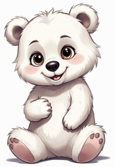 A cute and friendly cartoon bear with large eyes, a button nose, and a happy expression The bear has a fluffy, round body