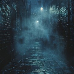 dark gloomy city street at night. background for crime. Evening landscape of city alley. Gloomy...