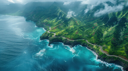 A breathtaking aerial shot of a winding coastal highway carving its way through lush, green cliffs.