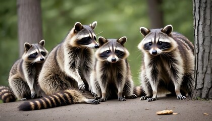 A Raccoon With A Group Of Other Raccoons Socializ  3 - obrazy, fototapety, plakaty