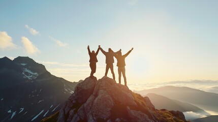 Together overcoming obstacles with three people holding hands up in the air on mountain top. We Made It. Celebrating success and achievements.