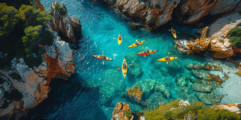 Kayakers navigating through turquoise waters and rocky shores, suitable for adventure, travel, and nature exploration themes. World Ocean Day.