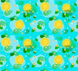 colorful summer pattern background with flowers and leaves sun