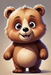 A cute and friendly cartoon bear with large eyes, a button nose, and a happy expression The bear has a fluffy, round body