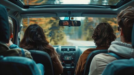 a group of people inside a car, on a road trip. view from the back seat.