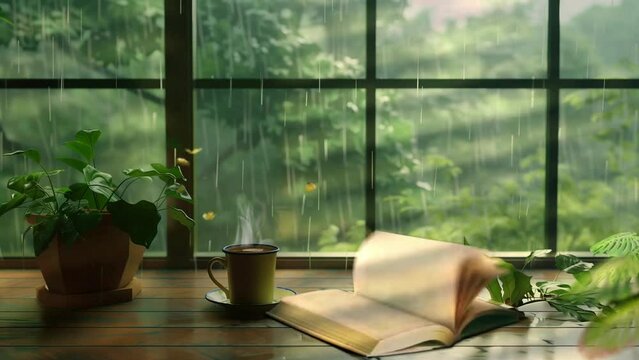 Book with open pages on table with window background in rainy day