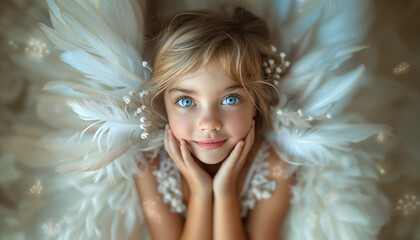 Beautiful little angel child, white feather wings, dreamy romantic atmosphere. Faith and hope concept. Beautiful background for christmas, mother's day, birthday cards, poster, wallpapers etc. 