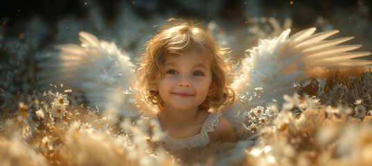 Beautiful little angel child, white feather wings, dreamy romantic atmosphere. Faith and hope concept. Beautiful background for christmas, mother's day, birthday cards, poster, wallpapers etc. 