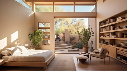 Fototapeta premium Adobe Contemporary Primary Bedroom with Desert View and Wooden Décor, Overlooking Patio