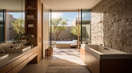 Fototapeta premium Desert Oasis with View Through Luxurious Bathroom Suite Into Outdoor Zen Area