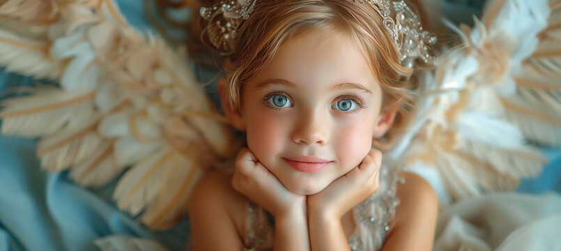 Beautiful little angel child, white feather wings, dreamy romantic atmosphere. Faith and hope concept. Beautiful background for christmas, mother's day, birthday cards, poster, wallpapers etc. 