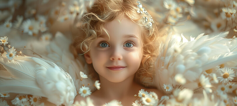 Fototapeta Beautiful little angel child, white feather wings, dreamy romantic atmosphere. Faith and hope concept. Beautiful background for christmas, mother's day, birthday cards, poster, wallpapers etc. 
