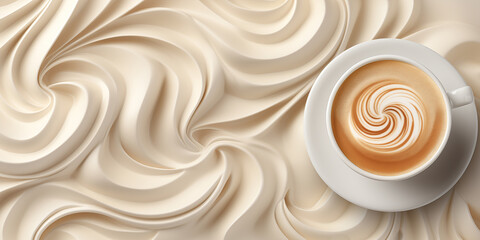 Coffee 3D background, cup of coffee with latte art on patterned background, copy space