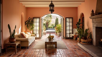 Spanish Style Entrance with Terracotta Satillo Tile Flooring and Arch Doorways