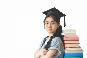 Portrait of a young asian student with books on white background