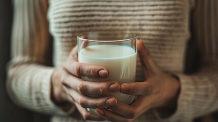 Lactose intolerance and Milk allergy concept. woman hold Milk glass and having abdominal cramps and pain when drink Cow Milk.