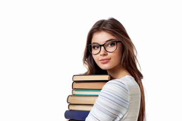 education and people concept - smiling student girl in eyeglasses with books over white background