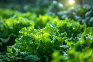 Hydroponics farm with rows of leafy greens growing in nutrient-rich water channels under LED lights.. AI generated.