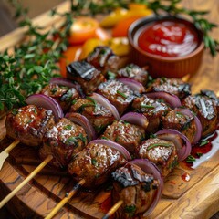 Skewers of juicy grilled meat cooking over a charcoal grill, emitting a savory aroma. Visual...