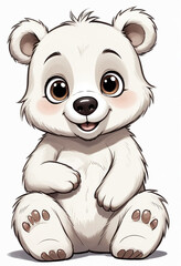 A cute and friendly cartoon bear with large eyes, a button nose, and a happy expression The bear has a fluffy, round body